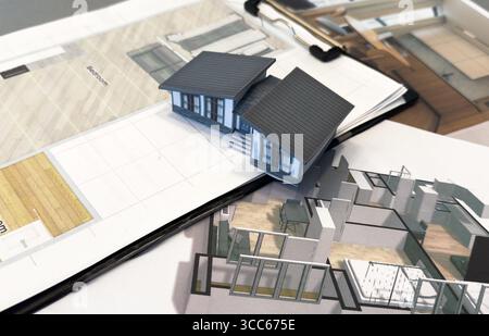 Vue de dessus du lieu de travail de l'architecte. Projet architectural, plans-plans, plans-plans sur la table. Contexte de la construction. Outils d'ingénierie. Espace de copie Banque D'Images