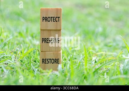 PROTÉGER, PRÉSERVER et RESTAURER, cubes en bois empilés verticalement avec un message de conservation sur fond d'herbe encourageant la protection et la restauration ef Banque D'Images