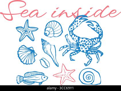 Composition vectorielle dessinée à la main de créatures marines de contour Illustration de Vecteur