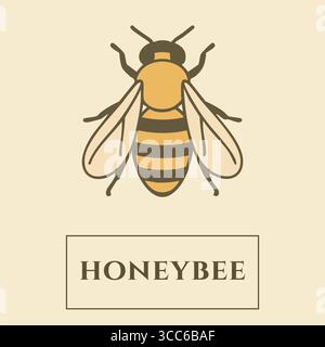 Une abeille au miel stylisée avec des rayures dorées et brunes, des ailes déployées et une étiquette sous-titrée sur un panneau crème. Illustration de Vecteur
