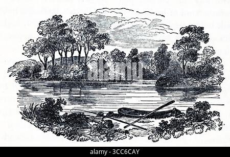 Une scène tranquille au bord de la rivière rendue en noir et blanc. Une petite barque avec des rames repose sur le rivage, sa proue inclinée vers l'eau calme. Les arbres et les buissons encadrent l'arrière-plan, leurs reflets faiblement reflétés dans la surface. Des brins de nuages dérivent au-dessus, complétant la composition calme et naturelle. L'ambiance est paisible et contemplative. D'après une sélection de gravures imprimées sur cuivre et sur bois publiées par Henry Kent Causton en 1851 dans le cadre du livre d'Izaak Walton et Charles Cotton, The Compleat Angler. Banque D'Images