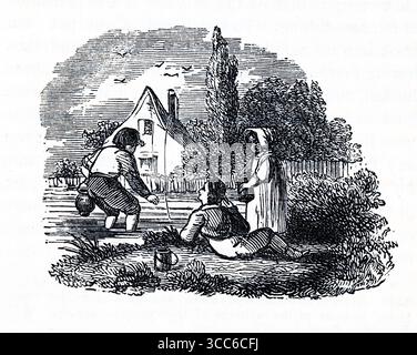 Gravure pastorale de trois figures dans une clairière de jardin à côté d'une maison à toit incliné et d'un grand arbre. L'un se tient avec un bâton, peut-être une canne à pêche, tandis que deux autres s'inclinent sur l'herbe. Leur tenue vestimentaire suggère des loisirs de la fin du XVIIIe siècle. La scène évoque la culture rurale de la pêche à la ligne, faisant peut-être référence à Compleat Angler de Walton et à ses dialogues méditatifs sur les berges. D'après une sélection de gravures imprimées sur cuivre et sur bois publiées par Henry Kent Causton en 1851 dans le cadre du livre d'Izaak Walton et Charles Cotton, The Compleat Angler. Banque D'Images