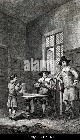 Gravure intérieure d'une pièce rustique avec trois personnages engagés dans le mouche attachant. Un pêcheur assis, détesté et collé dans le style du XVIIe siècle, fabrique des mouches artificielles à une table encombrée. Un enfant et son compagnon observent, entourés de plumes, de crochets et de fils. La scène évoque l'artisanat waltonien et le rituel contemplatif de préparation à la ligne. D'après une sélection de gravures imprimées sur cuivre et sur bois publiées par Henry Kent Causton en 1851 dans le cadre du livre d'Izaak Walton et Charles Cotton, The Compleat Angler. Banque D'Images
