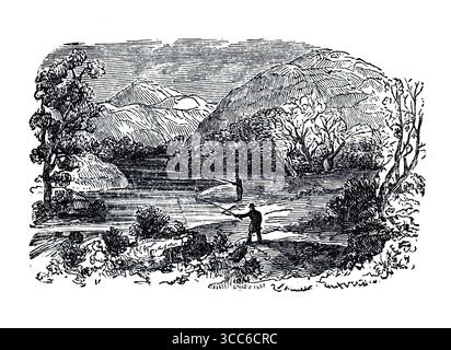 Pike Pool, nommé d'après le calcaire « brochet » qui s'élève de la Dove, se trouve près de Cotton's Fishing House et de Beresford Hall. Dans le Compleat Angler, ce tronçon de rivière symbolise les loisirs réfléchis et la révérence écologique. Les deux figures suggèrent la compagnie dans la solitude - un thème central dans les dialogues de pêche de Walton et Cotton. D'après une sélection de gravures imprimées sur cuivre et sur bois publiées par Henry Kent Causton en 1851 dans le cadre du livre d'Izaak Walton et Charles Cotton, The Compleat Angler. Banque D'Images