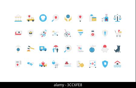 Assurance, protection pour la famille et la santé des enfants, la vie et l'argent, ensemble d'icônes de couleur de voyage. Bouclier de sécurité et parapluie protègent et soutiennent la livraison de fret, contrat, illustration vectorielle à plat de bagage Illustration de Vecteur