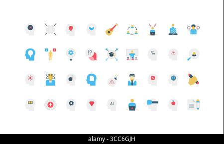 Icônes plates colorées représentant le processus mental, la pensée, l'apprentissage, la créativité et la santé mentale, l'éducation, la psychologie et les concepts d'affaires isolés sur l'illustration vectorielle de fond blanc Illustration de Vecteur