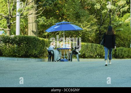 Daejeon, Corée du Sud. 19 octobre 2018 : deux jeunes femmes asiatiques sur le campus de l'Université Woosong assis à table sous un auvent bleu attendant les gens à baiser Banque D'Images
