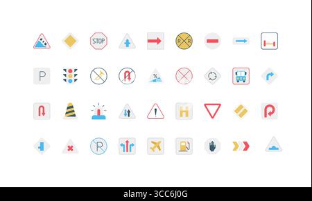 Divers panneaux de signalisation routière et routière de style plat simple, y compris les avertissements, les directions, le stationnement et les signaux pour la sécurité de conduite et la navigation illustration vectorielle isolée Illustration de Vecteur