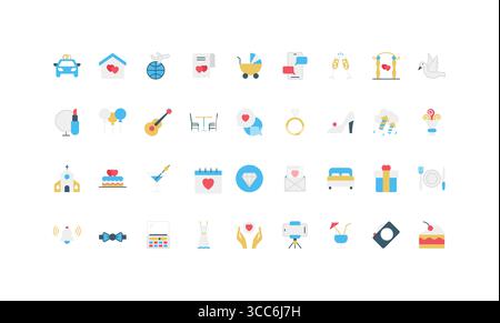 Icônes plates minimales représentant des éléments de mariage, y compris des bagues, gâteau, cadeaux, cérémonie, amour, et célébration, conçu pour les thèmes romantiques modernes illustration vectorielle isolée Illustration de Vecteur