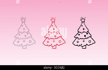 Variations d'arbre de Noël dessinées à la main avec des toppers d'étoile : contour, motifs rouge et noir Illustration de Vecteur