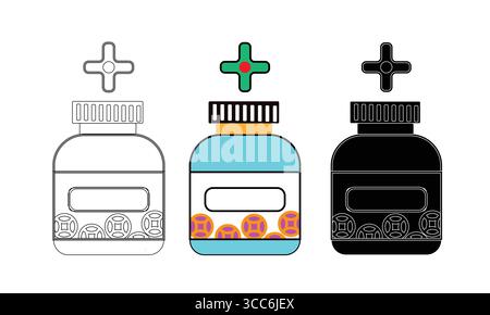 Illustrations de bouteilles de médicaments : dessins au trait, dessins colorés et noirs gras avec un symbole de croix médicale Illustration de Vecteur