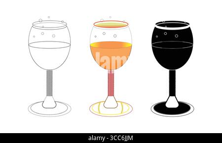 Illustrations de verre à vin : dessin au trait, dessins vectoriels colorés et noirs Unis Illustration de Vecteur