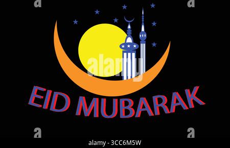 Eid Moubarak avec Mosquée, croissant de lune et étoiles Illustration de Vecteur