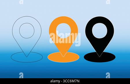 Trois icônes d'emplacement sur la carte dans le style contour, couleur et Noir Illustration de Vecteur