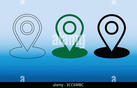 Trois icônes d'épingle d'emplacement dans les styles contour et Uni Illustration de Vecteur