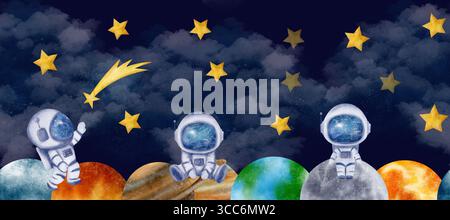 Ciel bleu foncé, nuages, étoiles, Lune, astronautes, cosmonautes, planètes du système solaire composent cet espace de frontière sans couture Banque D'Images
