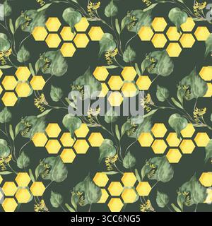 Motif sans couture d'aquarelle de verdure florale sur sombre avec des branches de tilleul et des peignes de miel dorés illustration.fond de feuillage avec de la nourriture biologique et Banque D'Images