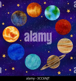 Cadre carré avec planètes système solaire Soleil, Mercure, Vénus, Terre, mars, Jupiter, Saturne, Uranus, Neptune, étoiles, nuages Banque D'Images