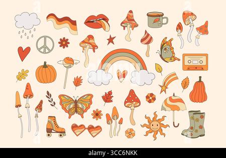 Collection d'illustrations vectorielles d'éléments de vibration d'automne des années 70. Champignon rétro, arc-en-ciel, citrouilles, lèvres, signe de paix, élément de style hippy. Psychede vintage Illustration de Vecteur