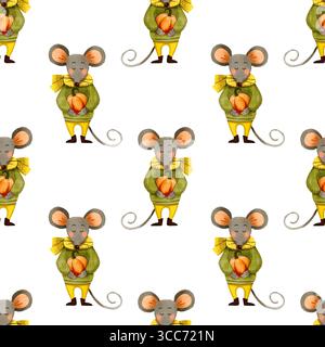 Modèle sans couture avec souris mignonne drôle dans les vêtements d'automne et la citrouille. L'illustration d'aquarelle dessinée à la main convient à la décoration de vacances, à l'impression, Banque D'Images
