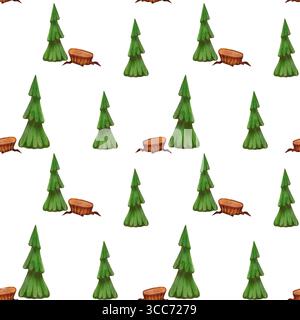 Modèle de forêt sans couture avec des pins et souche d'arbre. Illustration d'aquarelle dessinée à la main appropriée pour la décoration de vacances, l'impression et l'utilisation textile. Banque D'Images