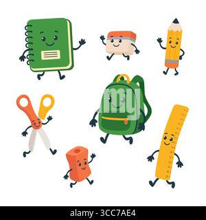 Ensemble de personnages de fournitures scolaires de dessin animé mignon, illustration vectorielle plate Illustration de Vecteur