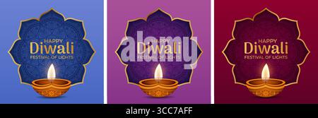 Ensemble de bannières vectorielles carrées pour le festival de lumières de Diwali avec des lampes à huile, des motifs mandala en bleu, violet et marron. Illustration de Vecteur