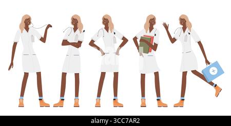 Médecin afro-américain dans différentes poses, isolé sur fond blanc illustration vectorielle Illustration de Vecteur