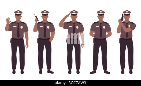 Homme afro-américain policier mis en uniforme montrant différentes poses sur l'illustration vectorielle de fond isolé Illustration de Vecteur