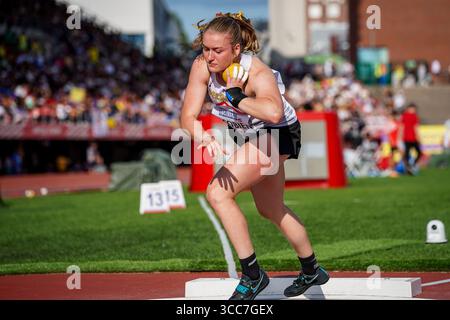 Tampere, Finalnd. 10 août 2025. Le belge Lenne Jacobien photographié en action lors de la compétition de lancer de poids des Championnats d'Europe d'athlétisme U20, à Tampere, Finlande, dimanche 10 août 2025. Les championnats d'Europe U20 se déroulent du 07 au 10 août. BELGA PHOTO COEN SCHILDERMAN crédit : Belga News Agency/Alamy Live News Banque D'Images