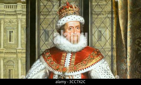 JAMES VI et moi (1566-1625) détail du portrait de Paul Van Somer vers 1620 avec la maison de banquet, Whitehall, en arrière-plan. Banque D'Images
