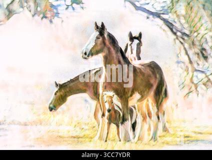 Groupe de trois chevaux de trait Clydesdale adultes avec un ami de cheval miniature dans le champ. Photo numérique stylisée Banque D'Images