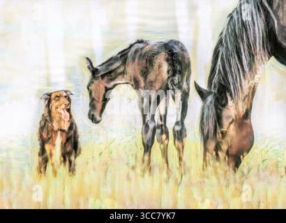 Jument Percheron Draft Horse avec poulain nouveau-né. Photo numérique stylisée Banque D'Images