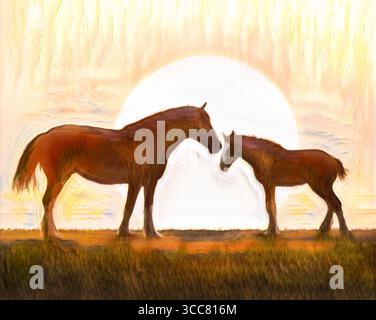 Femelle adulte Clydesdale jument de cheval de trait et silhouette d'animal de bébé poulain à l'horizon avec un soleil énorme. Photo numérique stylisée Banque D'Images
