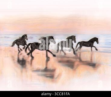Groupe de chevaux adultes frisiens courant sur une plage océanique au crépuscule. Photo numérique stylisée Banque D'Images