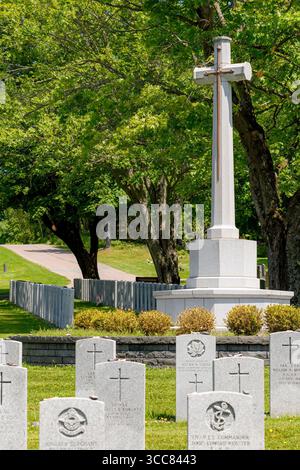Saint John, N.-B., Canada - 21 juin 2025 : section militaire d'un cimetière canadien. Une grande croix se dresse comme un monument en arrière-plan. Banque D'Images