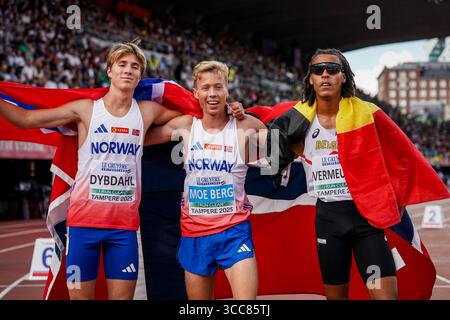 Tampere, Finalnd. 10 août 2025. Elliot Vermeulen photographié après le 1500m des Championnats d'Europe d'athlétisme U20, à Tampere, Finlande, dimanche 10 août 2025. Les championnats d'Europe U20 se déroulent du 07 au 10 août. BELGA PHOTO COEN SCHILDERMAN crédit : Belga News Agency/Alamy Live News Banque D'Images