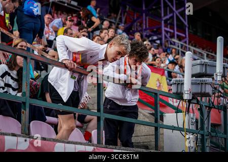 Tampere, Finalnd. 10 août 2025. Les fans d’Elliot Vermeulen en photo aux Championnats d’Europe d’athlétisme U20, à Tampere, Finlande, dimanche 10 août 2025. Les championnats d'Europe U20 se déroulent du 07 au 10 août. BELGA PHOTO COEN SCHILDERMAN crédit : Belga News Agency/Alamy Live News Banque D'Images