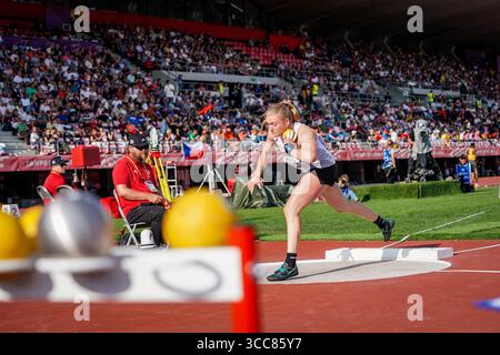 Tampere, Finalnd. 10 août 2025. Le belge Lenne Jacobien photographié en action lors de la compétition de lancer de poids des Championnats d'Europe d'athlétisme U20, à Tampere, Finlande, dimanche 10 août 2025. Les championnats d'Europe U20 se déroulent du 07 au 10 août. BELGA PHOTO COEN SCHILDERMAN crédit : Belga News Agency/Alamy Live News Banque D'Images