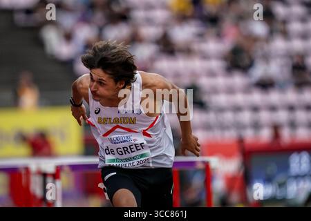 Tampere, Finalnd. 10 août 2025. Martin de Greef en action pour le 110m H aux Championnats d'Europe d'athlétisme U20, à Tampere, Finlande, dimanche 10 août 2025. Les championnats d'Europe U20 se déroulent du 07 au 10 août. BELGA PHOTO COEN SCHILDERMAN crédit : Belga News Agency/Alamy Live News Banque D'Images