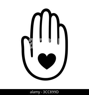 Main humaine avec symbole de silhouette de coeur. Charité, bénévolat, élément de conception de soutien social. Illustration vectorielle dessinée à la main mignonne. Illustration de Vecteur