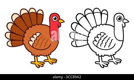 Dessin de dinde de dessin animé mignon, drôle gros oiseau de Thanksgiving. Illustration couleur et dessin au trait noir et blanc pour la coloration. Clipart vectoriel dessiné à la main. Illustration de Vecteur