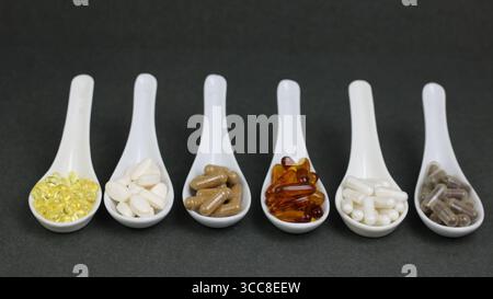 Six cuillères blanches remplies de suppléments assortis, de vitamines et de capsules affichées dans une rangée soignée sur fond gris. Banque D'Images