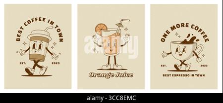 Ensemble d'affiches de personnages drôles de dessin animé rétro. Illustration vectorielle de boisson vintage. Latte, cappuccino, tasse de café, mascotte de jus frais. Nostalgie 60, années 70 Illustration de Vecteur