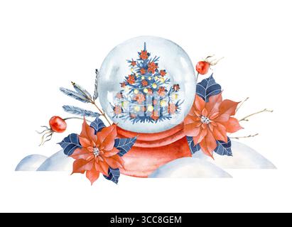 Une composition festive avec un globe à neige, un sapin de Noël, un poinsettia lumineux, des hanches roses et des neiges, peintes à la main. Illustration d'hiver d'aquarelle Banque D'Images