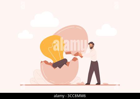 Démarrage de nouvelles entreprises, invention créative et innovation de projet de marque, incubateur d'idées. Minuscule homme d'affaires ouvrant coquille d'oeuf fissuré pour trouver l'ampoule, solution intelligente à l'intérieur de l'illustration vectorielle de dessin animé Illustration de Vecteur