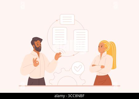 Compétence de communication douce d'écoute active, prêter toute l'attention pour la parole et le message, conversation efficace. De minuscules personnes écoutent et parlent avec l'empathie et l'illustration vectorielle de dessin animé de productivité Illustration de Vecteur