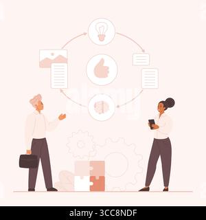 Compétences générales d'écoute active, commentaires des clients et collaboration de la productivité des employés. Minuscules personnes et boucle de conversation, échange efficace et partage d'idées illustration vectorielle de dessin animé Illustration de Vecteur