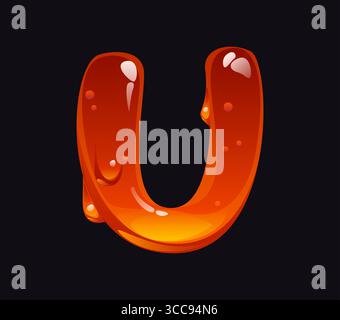 Lettre de police de dessin animé de miel coulant U. élément de type miel jaune, vecteur de bonbons savoureux ABC typeset signe. Caramel liquide lettre de l'alphabet anglais ou symbole de police ambre doux Illustration de Vecteur
