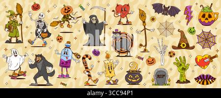 Dessins animés groovy personnages d'Halloween et symboles de vacances. Personnages vectoriels psychédéliques rétro de citrouille d'horreur, fantôme effrayant et squelette. Groovy Spooky zombie, chauve-souris, truc d'Halloween ou friandises Illustration de Vecteur